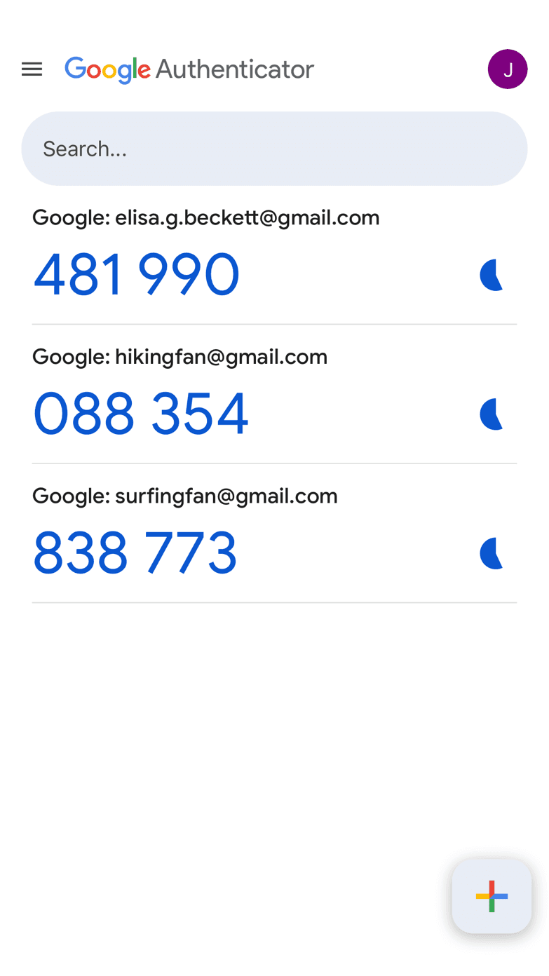 نمونه فهرست کدهای شش‌رقمی در اپلیکیشن Google Authenticator
