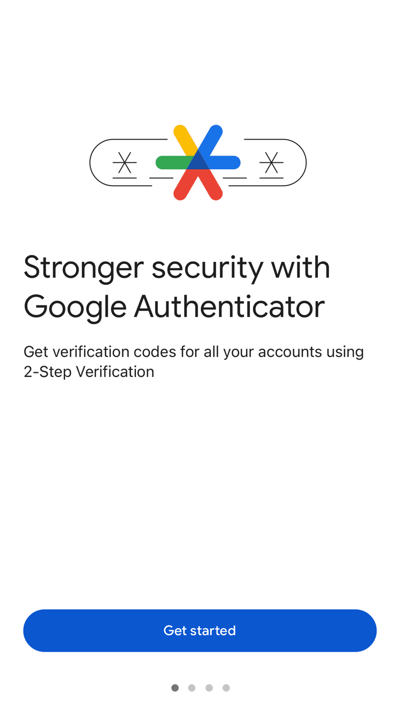 صفحه آغاز Google Authenticator با دکمه Get started در تصویر رسمی گوگل